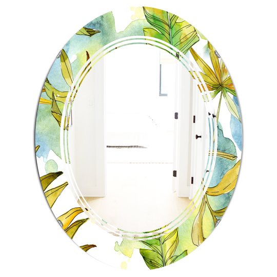 Designart 31.5-in x 23.7-in Retro Tropical Foliage Modern Oval Wall Mirror - Green