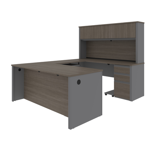 Bestar Prestige + 72-in U-Desk with 2 Pedestals and Hutch - Bark Grey and Slate