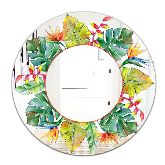 Designart Watercolour Style Tropical Hawaii Leaves Round 24-in L x 24-in W Polished Country Green Wall Mounted Mirror