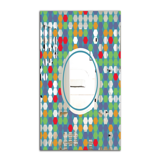 Designart Hexagons Rectangular 35.4-in L x 23.6-in W Polished Mid-Century Green/Blue Wall Mounted Mirror