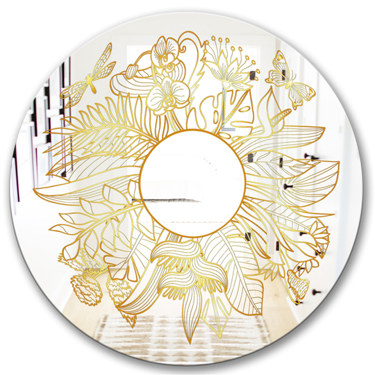 Designart Capital Gold Botanical Bliss 1 Round 24-in L x 24-in W Polished Glam Wall Mounted Mirror