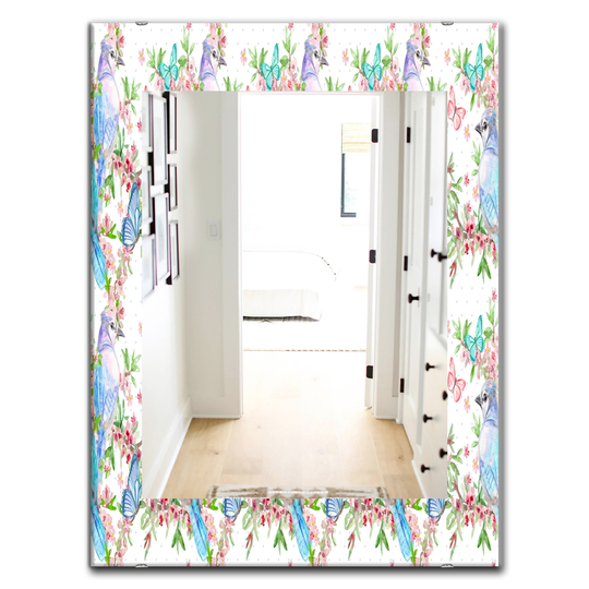 Designart 35.4-in x 23.6-in White Texture with Couples of Birds and Butterflies Traditional Mirror