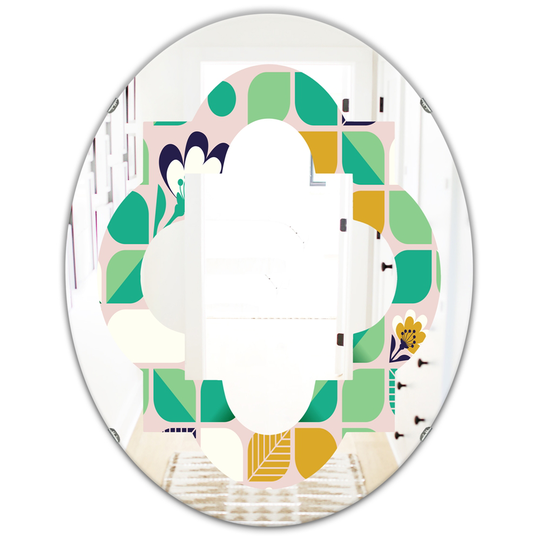 Designart 31.5-in x 23.7-in Green Geometric Pattern with Leaves and Flowers Modern Oval Wall Mirror