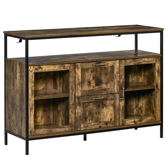 HomCom Rustic-Brown Particle Board 2-Drawer Sideboard with Steel Frame