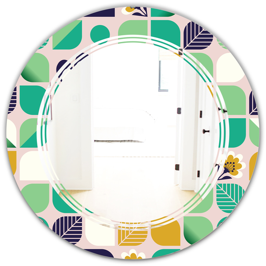 Designart 24-in x 24-in Geometric Pattern with Leaves and Flowers Modern Round Mirror in Green