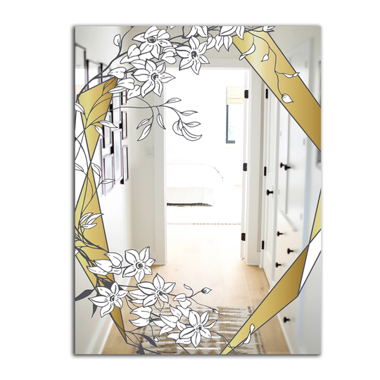 Designart Gold Botanical Blooming 2 Rectangular 35.4-in L x 23.6-in W Polished Glam Wall Mounted Mirror