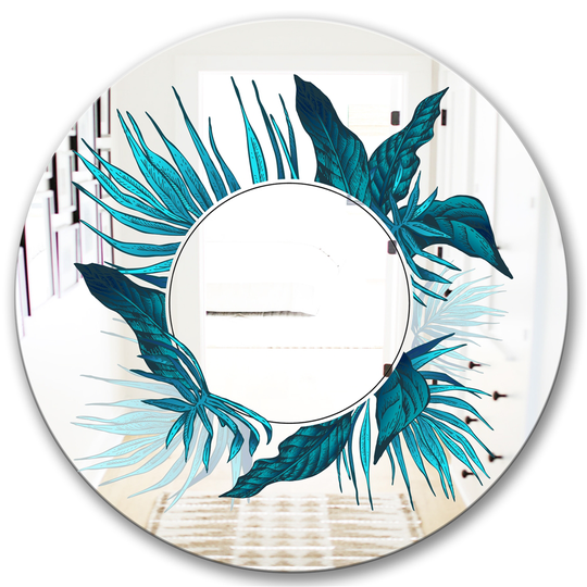 Designart Tropical Leaves Round 24-in L x 24-in W Polished Country Blue Wall Mounted Mirror