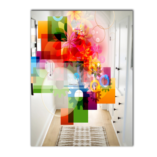 Designart Gears Flowers and Colors Rectangular 35.4-in L x 23.6-in W Polished Modern Multicolour Wall Mounted Mirror