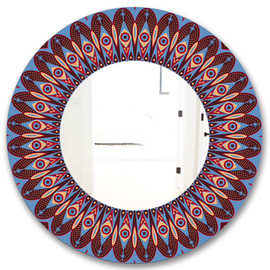 Designart Feathers Round 24-in L x 24-in W Polished Modern Blue/Brown Wall Mounted Mirror
