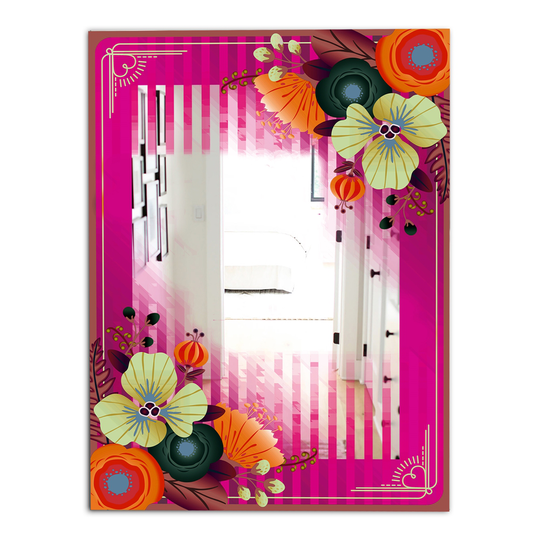 Designart Border and Flowers Rectangular 35.4-in L x 23.6-in W Polished Mid-Century Fuschia Wall Mounted Mirror