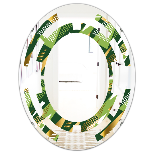 Designart 31.5-in x 23.7-in Triangular Gold/Green Design I Modern Oval Decorative Mirror