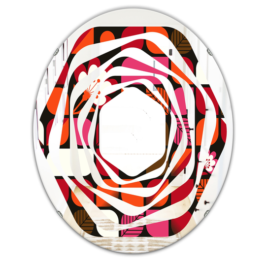 Designart 31.5-in Geometric Retro Flower Design I Modern Oval Wall Mirror in Red