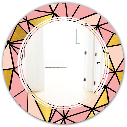 Designart Pink 24-in Round Triangular Gold Design II Polished Wall Mirror