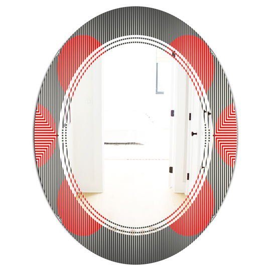 Designart Oval 31.5-in L x 23.7-in W Red Modern Circle and Line Geometric Pattern Polished Wall Mirror