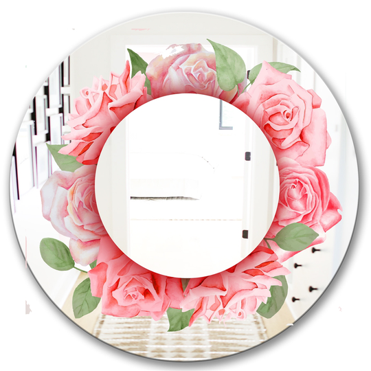 Designart Roses Leaves Round 24-in L x 24-in W Polished Farmhouse Pink Wall Mounted Mirror