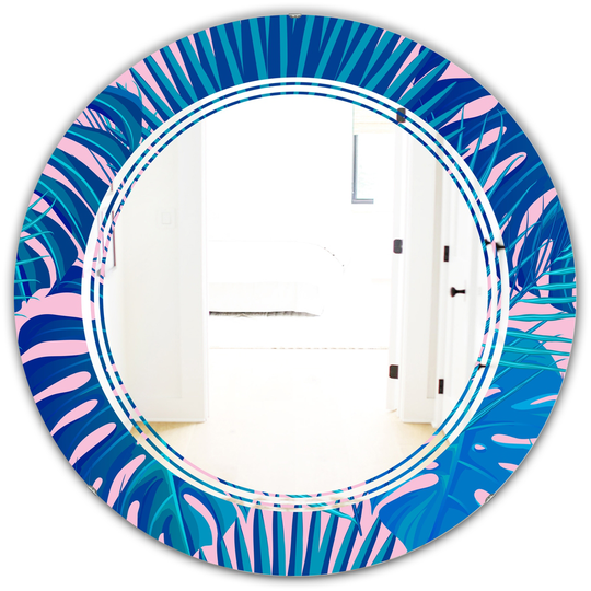 Designart Round 24-in Blue Retro Floral Pattern X Polished Wall Mirror