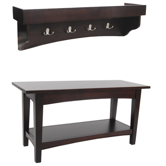 Alaterre Shaker Cottage Espresso 4-Hook Hook Rack with Tray Shelf and Bench