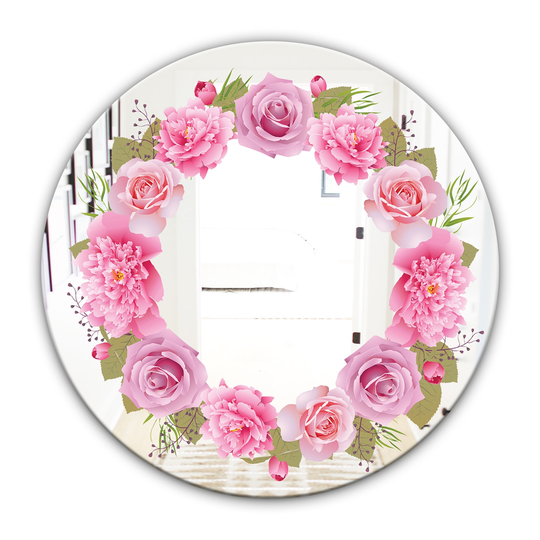 Designart Flowers Round 24-in L x 24-in W Polished Country Pink Wall Mounted Mirror