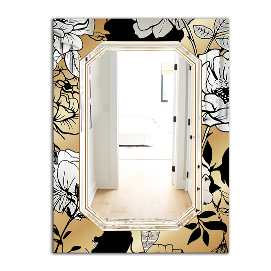Designart Gold Botanical Obsidian 3 Rectangular 35.4-in L x 23.6-in W Polished Glam Gold Wall Mounted Mirror