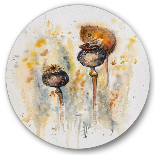 Designart 29-in H x 29-in W Mouse Sitting on Poppies - Traditional Metal Circle Wall Art