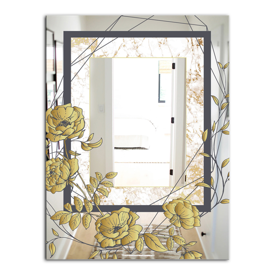 Designart Gold Botanical Blooming 3 Rectangular 35.4-in L x 23.6-in W Polished Country Wall Mounted Mirror