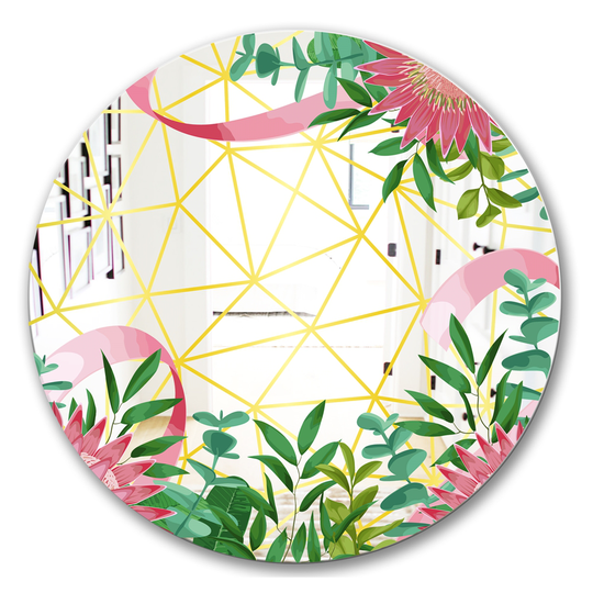Designart Efflorescent Gold Pink 1 Round 24-in L x 24-in W Polished Glam Green Wall Mounted Mirror