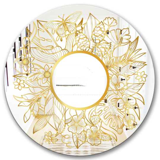 Designart Capital Gold Botanical Bliss 2 Round 24-in L x 24-in W Polished Glam Wall Mounted Mirror