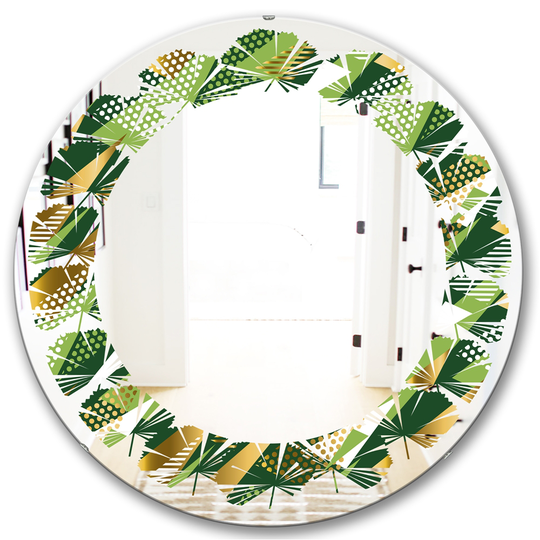 Designart 24-in x 24-in Triangular Gold and Green Design I Modern Round Wall Mirror