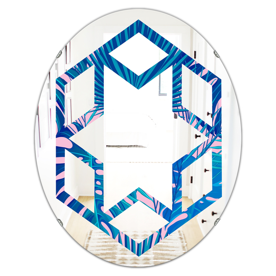 Designart 31.5-in L x 23.7-in W Blue Oval Retro Floral Pattern X Polished Wall Mirror