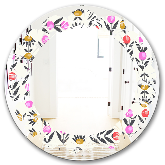 Designart Round 24-in Multicolour Retro Abstract Floral Design XI Polished Wall Mirror