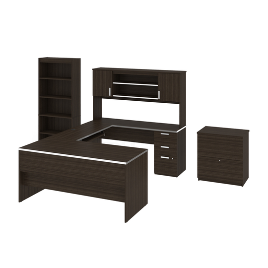 Bestar Ridgeley U-Desk with Hutch, Lateral File, and Bookcase - Dark Chocolate