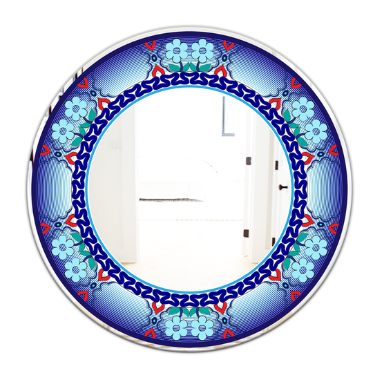 Designart Flowers and Zigzags Round 24-in L x 24-in W Polished Mid-Century Royal Blue Wall Mounted Mirror