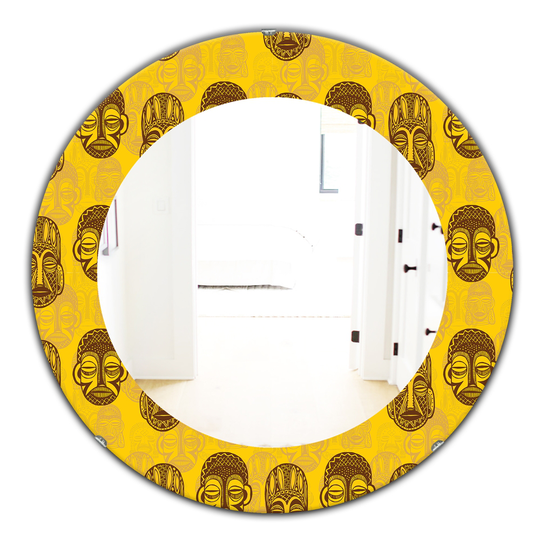 Designart 24-in x 24-in Yellow/Gold Pattern of Tribal Masks Bohemian and Eclectic Mirror