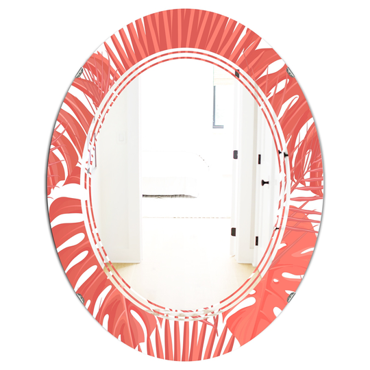 Designart 31.5-in Tropical Retro Foliage Coral I Modern Oval Decorative Mirror in Red