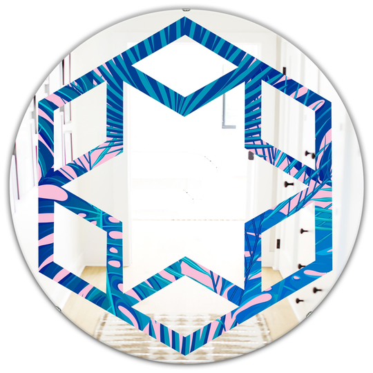Designart Blue 24-in Round Retro Floral Pattern X Polished Wall Mirror