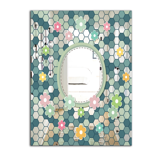 Designart Hexagons Rectangular 35.4-in L x 23.6-in W Polished Mid-Century Blue Wall Mounted Mirror