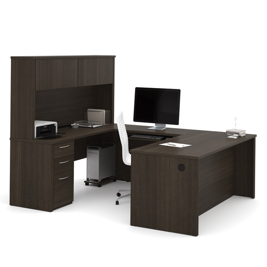 Bestar Embassy 72-in U-Shaped Desk with Pedestal and Hutch - Dark Chocolate