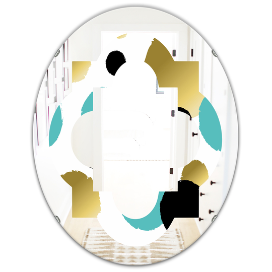 Designart 31.5-in x 23.7-in Gold and Blue Circles Modern Oval Wall Mirror in Blue