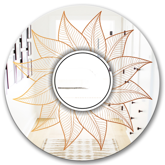 Designart Plant Flare with Mandala Round 24-in L x 24-in W Polished Glam Gold Wall Mounted Mirror