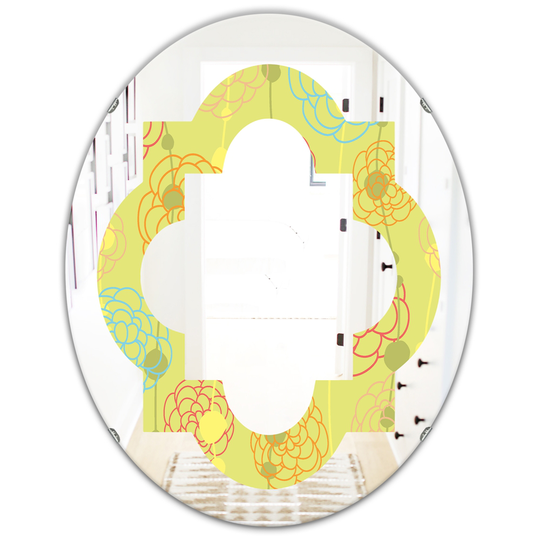 Designart Retro Handdrawn Flowers Oval 31.5-in L x 23.7-in W Polished Modern Wall Mounted Yellow Mirror