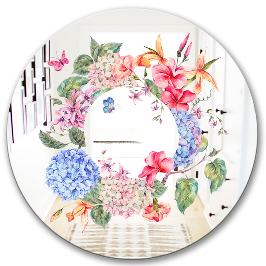 Designart Floral Greeting Round 24-in L x 24-in W Polished Country Blue Wall Mounted Mirror