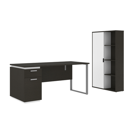 Bestar Aquarius 66W Desk and Pedestal & Storage Cabinet in Deep grey & White