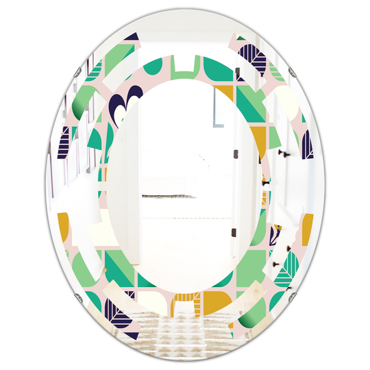 Designart 31.5-in x 23.7-in Geometric Pattern with Leaves and Flowers Modern Oval Wall Mirror in Green