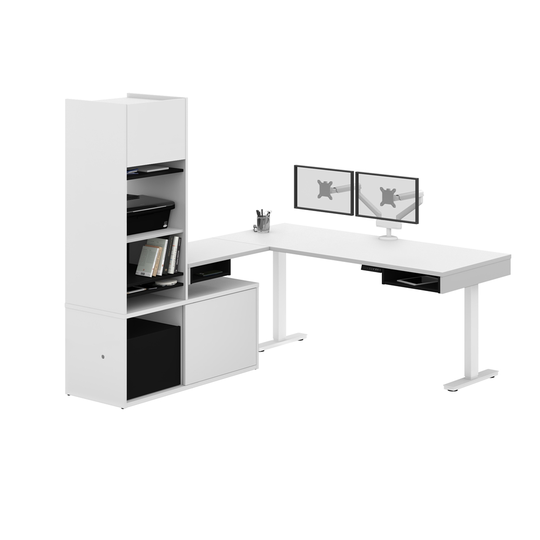 Bestar Pro-Vega Modern L-Shaped Standing Desk with Monitor Arm - Credenza and Hutch - 80.3-in - White/Black