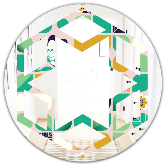 Designart 24-in x 24-in Geometric Pattern with Leaves and Flowers Modern Round Mirror - Green