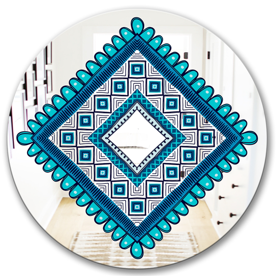 Designart Triangular Crenellated Round 24-in L x 24-in W Polished Mid-Century Blue Wall Mounted Mirror