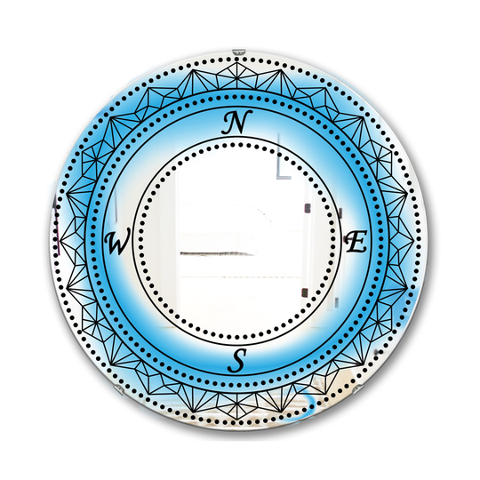 Designart Cardinal Points Round 24-in L x 24-in W Polished Mid-Century Blue Wall Mounted Mirror