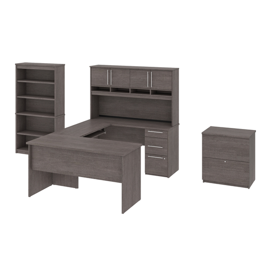 Bestar Innova 83-in U or L-Desk with Hutch, File Cabinet and Bookcase - Bark Grey