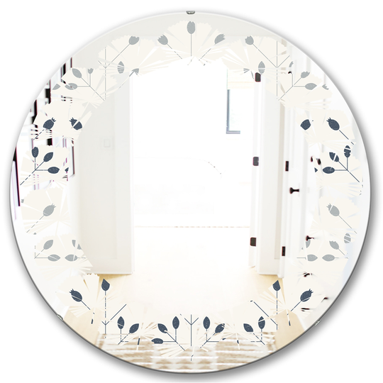 Designart White 24-in Round Floral Retro Botanical Pattern I Polished Wall Mirror