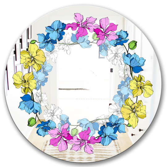 Designart Orchids Round 24-in L x 24-in W Polished Country Yellow/Blue/Pink Wall Mounted Mirror